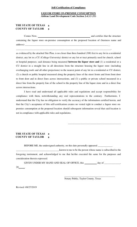 First page of the Liquor Store On-Premise Consumption Self-Certification