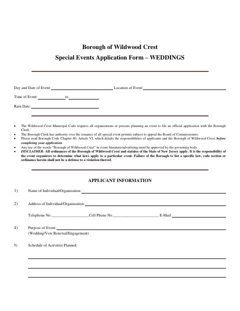 First page of the Special Events Application Form – Weddings