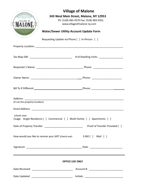 First page of the Water/Sewer Utility Account Update Form
