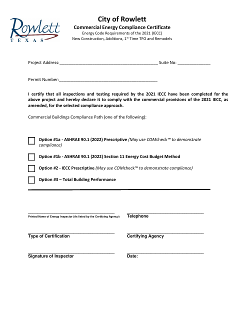 First page of the Commercial Energy Compliance Certificate