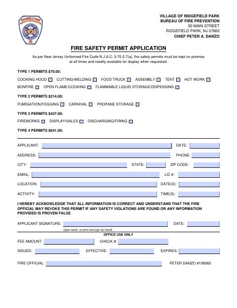 First page of the Fire Safety Permit Application