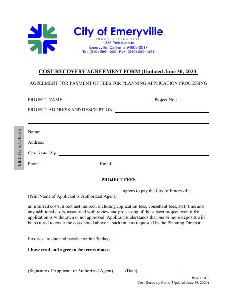 First page of the Cost Recovery Agreement Form (Planning Application Processing)