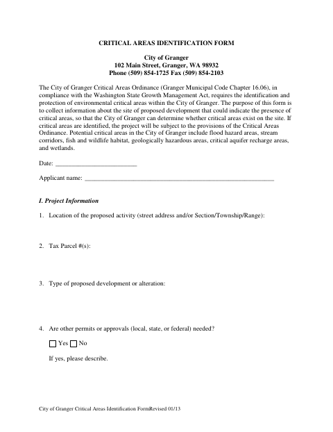 First page of the Critical Areas Identification Form