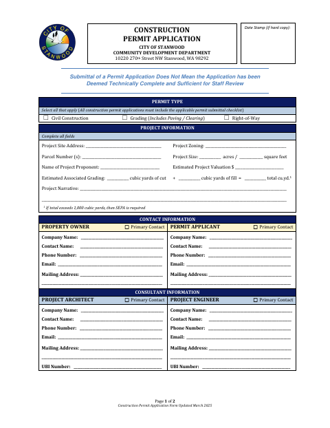 First page of the Construction Permit Application
