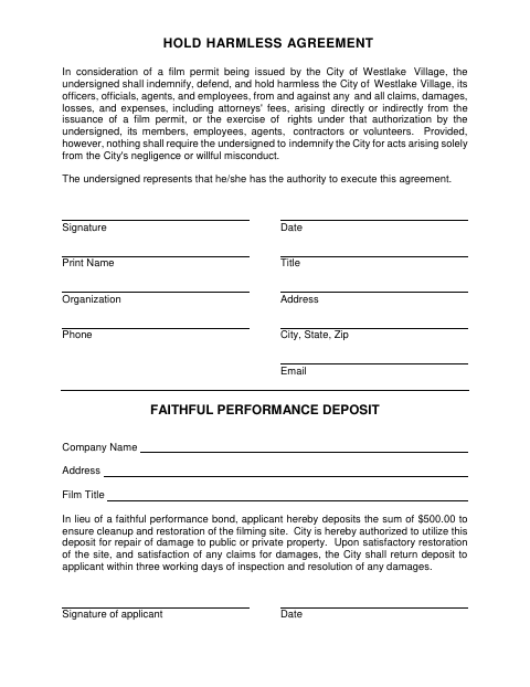 First page of the Hold Harmless Agreement