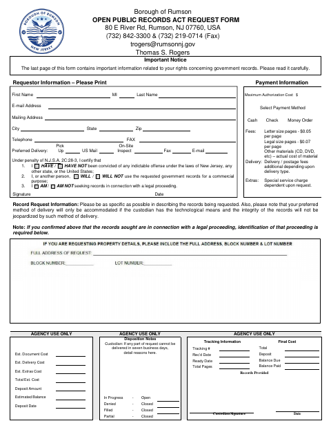 First page of the Open Public Records Act Request Form