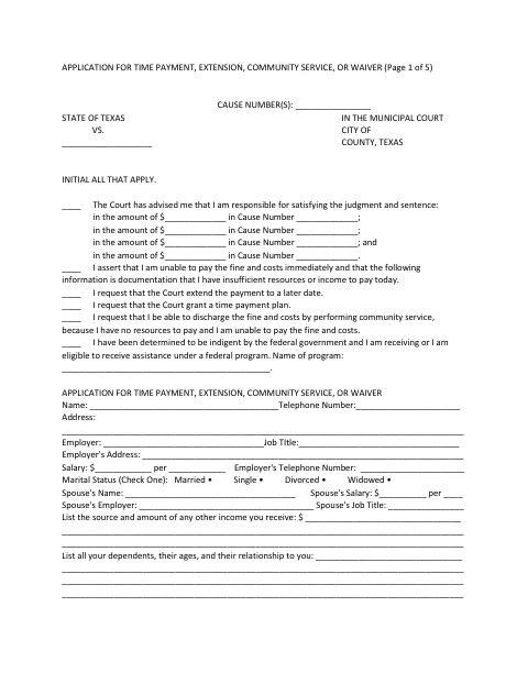First page of the Application for Time Payment, Extension, Community Service, or Waiver