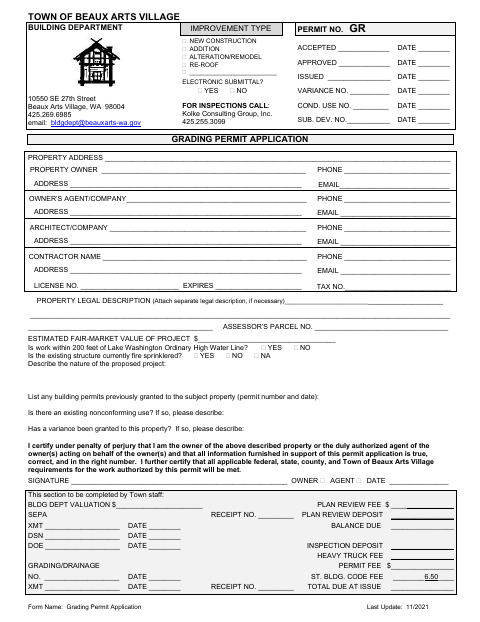 First page of the Grading Permit Application