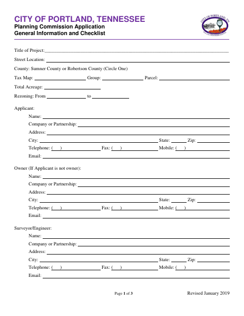 First page of the Planning Commission Application and Checklist