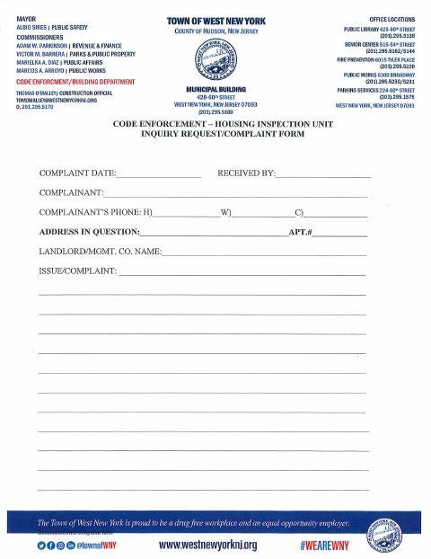 First page of the Code Enforcement or Housing Inspection Request Application