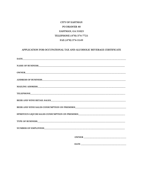 First page of the Occupational Tax and Alcoholic Beverage Certificate Application