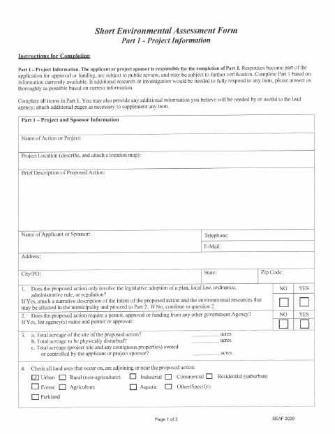 First page of the Short Environmental Assessment Form