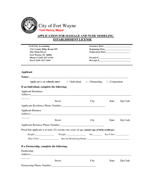 First page of the Massage and Nude Modeling Establishment License Application