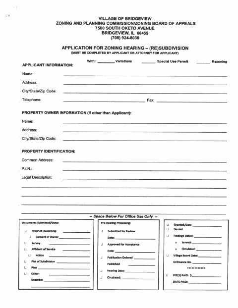 First page of the Zoning Hearing Resubdivision Application