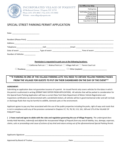 First page of the Special Street Parking Permit Application