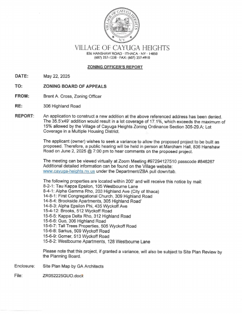 First page of the Zoning Board of Appeals Application and Report