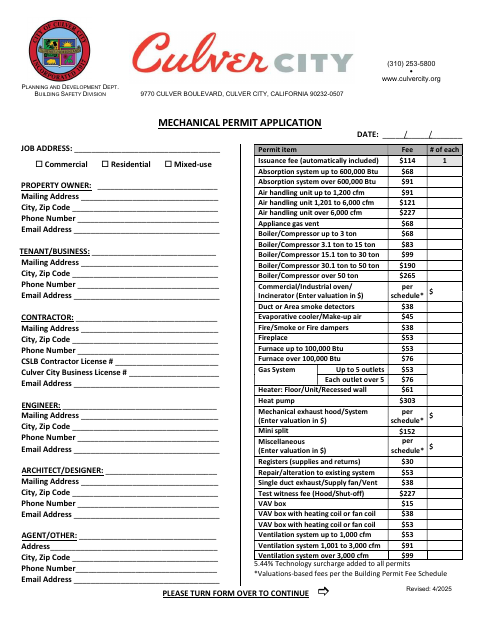 First page of the Mechanical Permit Application