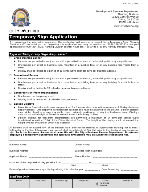 First page of the Temporary Sign Application