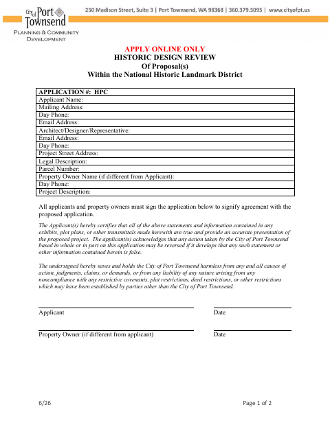 First page of the Historic Design Review Application