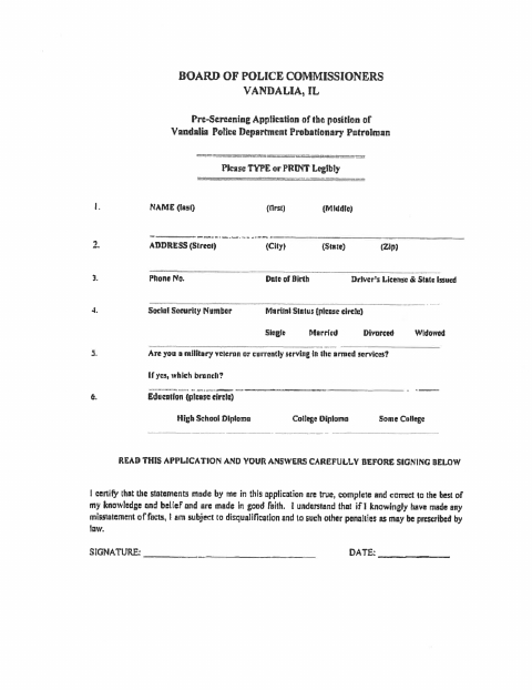 First page of the Police Officer Pre-Screening Application
