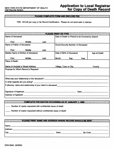 First page of the Application for Local Registrar Copy of Death Record