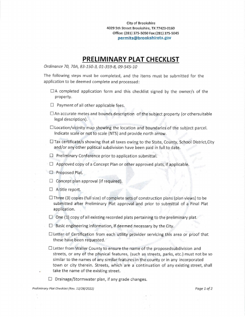 First page of the Plat Checklist and Platting Application