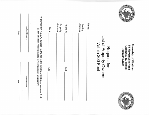 First page of the Request for List of Property Owners Within 200 Feet