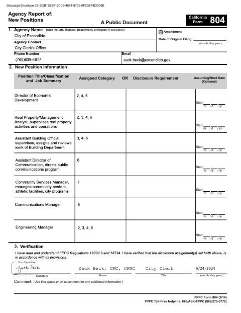 First page of the Agency Report of New Positions