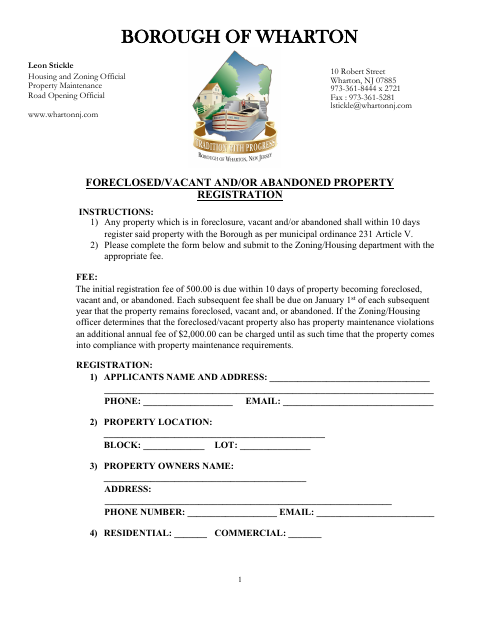 First page of the Foreclosed/Vacant And/Or Abandoned Property Registration
