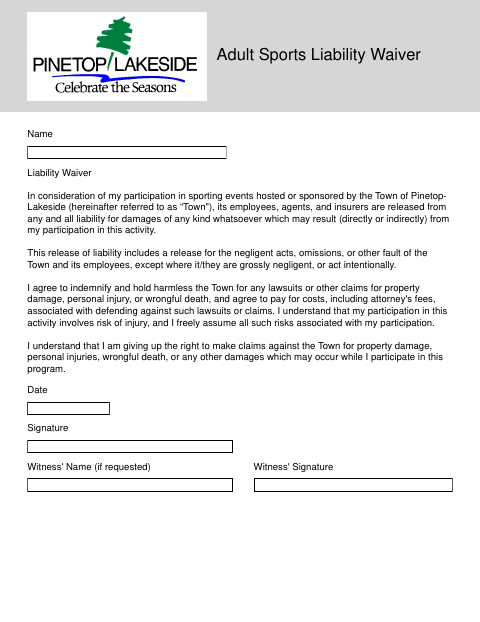 First page of the Adult Sports Liability Waiver