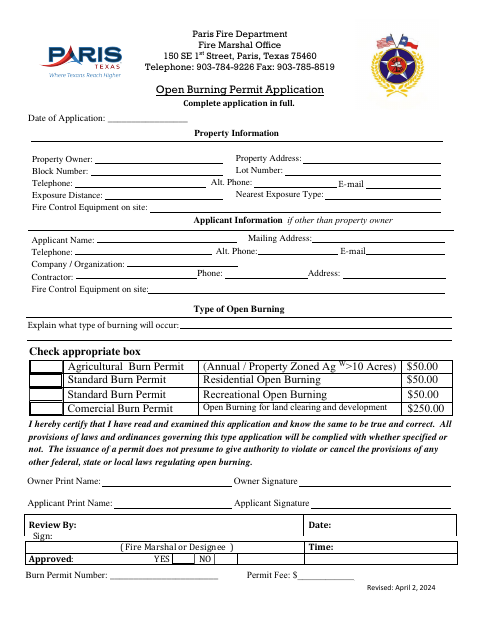 First page of the Open Burning Permit Application