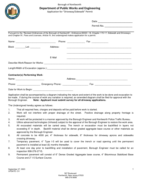 First page of the Driveway/Sidewalk Permit Application