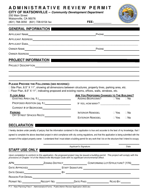 First page of the Administrative Review Permit
