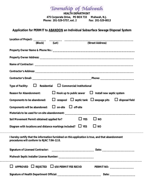 First page of the Application for Permit to Abandon an Individual Subsurface Sewage Disposal System
