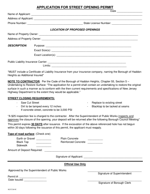 First page of the Street Opening Permit Application