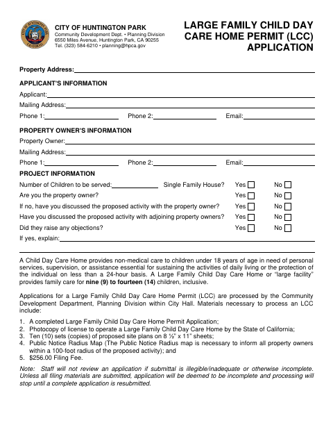 First page of the Large Family Child Day Care Home Permit Application