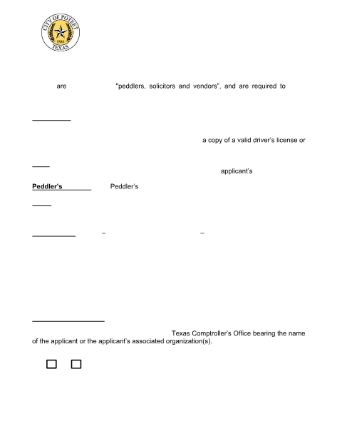 First page of the Peddlers, Solicitors, and Vendors License Application