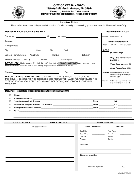 First page of the Government Records Request Form