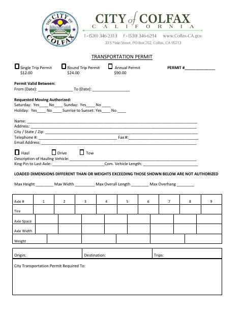 First page of the Transportation Permit Application