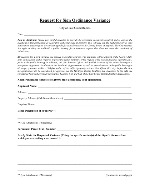 First page of the Request for Sign Ordinance Variance