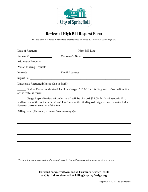 First page of the Review of High Bill Request Form
