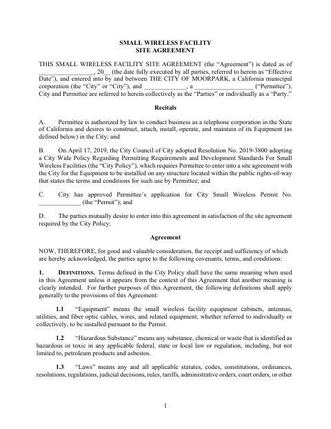 First page of the Small Wireless Facility Site Agreement