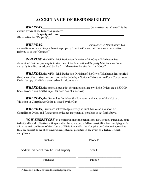 First page of the Acceptance of Responsibility