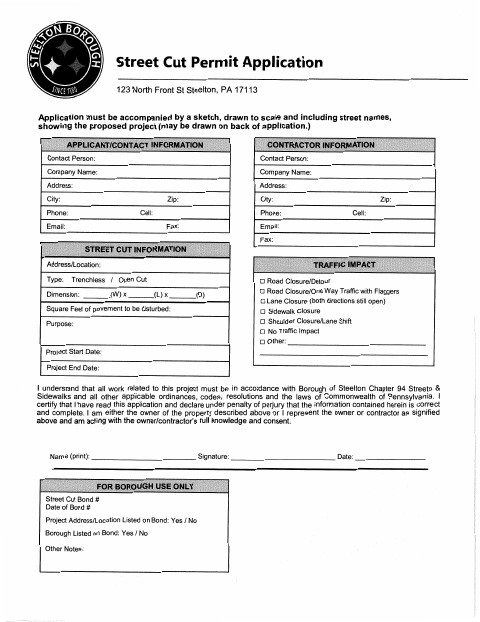 First page of the Street Cut Permit Application