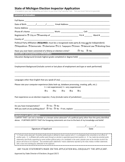 First page of the Election Inspector Application