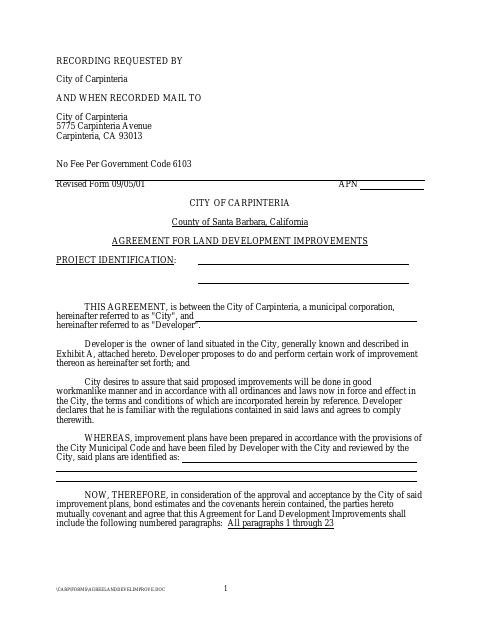 First page of the Agreement For Land Development Improvements