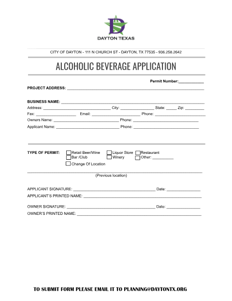 First page of the Alcoholic Beverage Permit Application