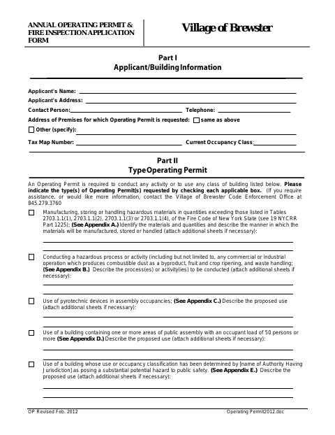 First page of the Annual Operating Permit & Fire Inspection Application Form