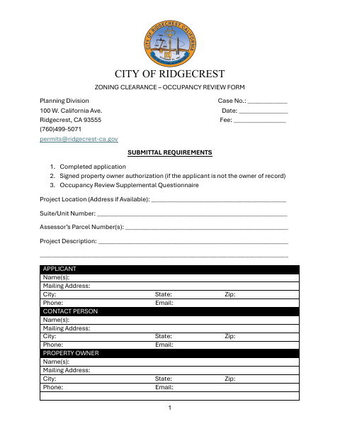 First page of the Zoning Clearance – Occupancy Review Form