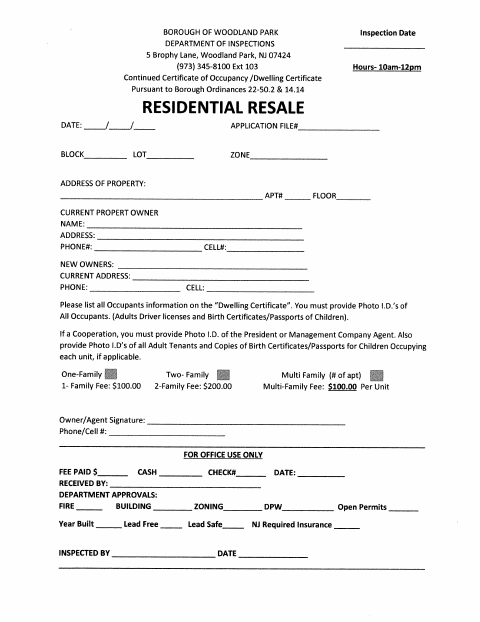 First page of the Residential Resale Certificate of Occupancy Application